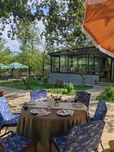 a table with blue chairs and a glass building at Campsite under two oaks in Itʼkhvisi