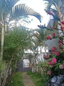 a garden with palm trees and flowers in front of a building at Misty Hills in Yercaud +12 photos