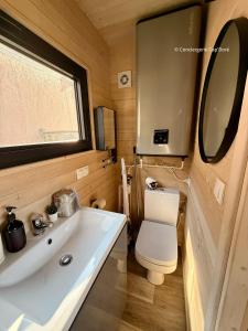 a bathroom with a white sink and a toilet at La Roulotte - Tiny House 150m de la Plage in Portbail