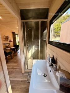 a bathroom with a white sink and a shower at La Roulotte - Tiny House 150m de la Plage in Portbail