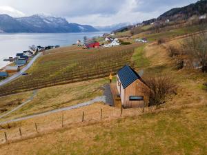 a small house on a hill next to a body of water at Charming tiny house with panorama view in Sandane