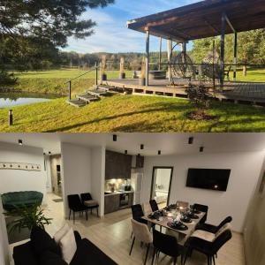 two images of a patio with a table and chairs at Sodyba Azagis in Vilkanastrai
