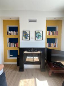 a living room with a fireplace and bookshelves at Guest house Festinalente in Montegrotto Terme