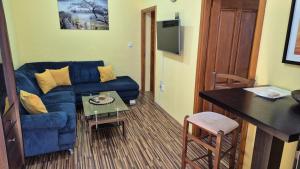a living room with a blue couch and a table at Apartment Capt Seferovic in Donji Morinj