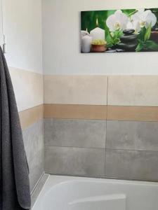 a bathroom with a bath tub with a painting on the wall at Maison 2 chambre, salon, 5 couchage 57 rue du drain 95480 Pierrelaye in Pierrelaye +6 photos