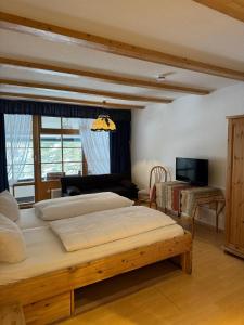 a large bedroom with two beds and a television at Hotel Maien in Todtmoos