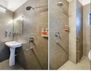 two pictures of a bathroom with a shower and a sink at hotel Prime Plaza Newtown in kolkata