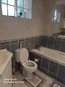 a bathroom with a toilet and a tub and a sink at 21A On VDR in Oudtshoorn