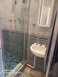 a bathroom with a sink and a glass shower at 21A On VDR in Oudtshoorn