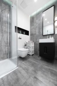 a bathroom with a toilet and a sink and a shower at Kalia Apartments in Warsaw