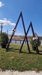 a metal frame with flowers on the grass at Casa Ioanele in Valea Perilor