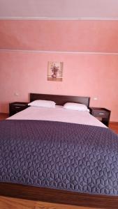 a large bed in a bedroom with pink walls at Casa Ioanele in Valea Perilor
