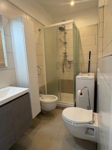 a bathroom with a toilet and a sink and a shower at Lake Agno Apartment in Agno