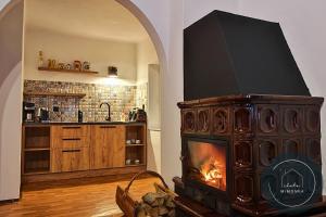 a fireplace in a living room with a stove at Chata MIMONKA in Dedinky