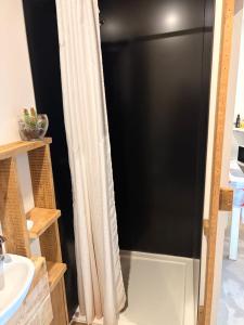 a shower with a black door in a bathroom at Studio charleureux et cosy in Sceaux-dʼanjou