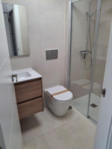 a bathroom with a shower and a toilet and a sink at Casa la Pluma Torrevieja in Torrevieja