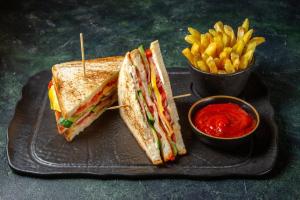 a sandwich on a plate with french fries and a bowl of ketchup at hotel mon ville alkapuri in Vadodara +20 photos
