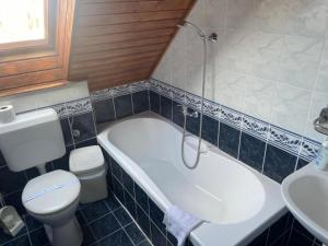 a bathroom with a toilet and a tub and a sink at Karikás Apartman in Hajdúszoboszló