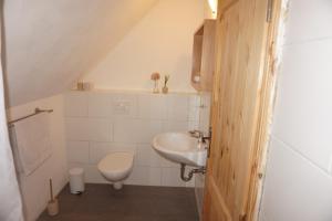 a small bathroom with a toilet and a sink at Doppelzimmer mit Bad in Möllenhagen +19 photos
