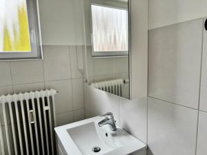 a bathroom with a sink and a mirror and a radiator at FeWo Pelkmann - Die Grüne Oase - Ganzes Haus in Weikersheim +22 photos