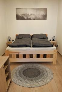a bed in a bedroom with a rug on the floor at Palác Apartment in Strakonice