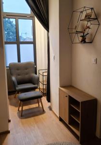 a living room with a chair and a window at Palác Apartment in Strakonice