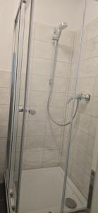 a shower with a glass door in a bathroom at Monteurzimmer deSoL in Forst +5 photos