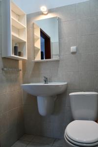a bathroom with a sink and a toilet and a mirror at Platan 17 in Świnoujście +15 photos