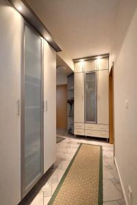 a hallway with a large glass door and a rug at Sim apartment in Skopje in Skopje