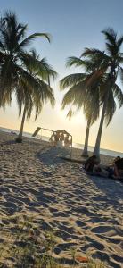 a group of people laying on the beach with palm trees at Hostal Casa del Palmar in Santa Marta