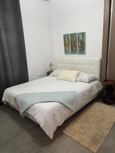 a bedroom with a large white bed with a rug at Work and Wave cosy studio at La Marsa in Douar el Hafey