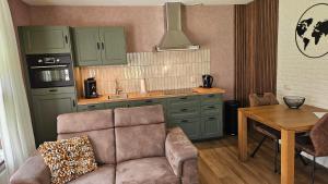 a kitchen with green cabinets and a couch and a table at B & B de Vlegge in Sibculo