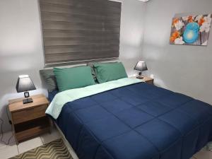 a bedroom with a blue bed and two night stands at Tropical Palm Retreat in Willemstad