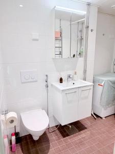 a white bathroom with a toilet and a sink at Peaceful studio in Vantaa in Vantaa +14 photos