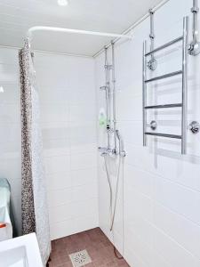 a shower in a bathroom with a shower curtain at Peaceful studio in Vantaa in Vantaa