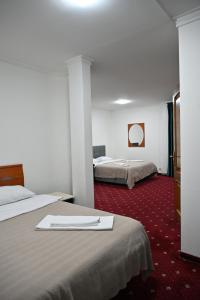 a hotel room with two beds and a red carpet at Hotel Nicholas in Chişinău +93 photos