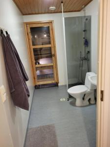 a bathroom with a toilet and a glass shower at Top in Oulu