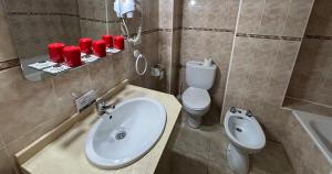 a bathroom with a sink and a toilet at DORMERO Hotel y Albergue Sahagun in Sahagún