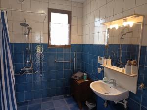 a blue tiled bathroom with a sink and a shower at Domaine du Der - au milieu de nulle part, Chambres et tables dhotes au lac du Der in Outines +45 photos