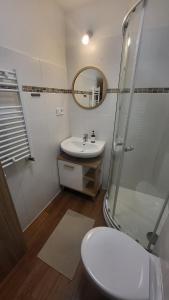 a bathroom with a toilet and a sink and a shower at Downtown Boho Botanico in Brno +4 photos