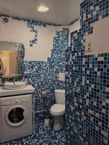 a bathroom with a toilet and a sink and a washing machine at Студія Люкс з терасою в центрі міста in Kryvyi Rih