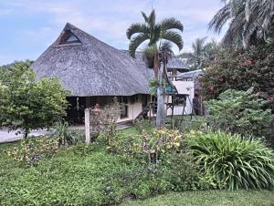 a thatch roof house with a palm tree in the yard at Pennington Holiday Cottages in Pennington