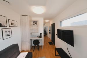 a living room with a couch and a television at Pannolio Beach Boutique Apartment in Eisenstadt +7 photos