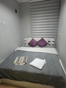a bedroom with a large bed with purple pillows at MBM Apartman in Bitola