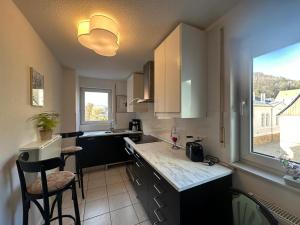 a kitchen with a counter and a sink and a window at An der Elbe in Bad Schandau
