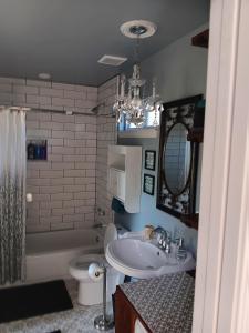 a bathroom with a sink and a toilet and a mirror at Nita's Nest in Foley