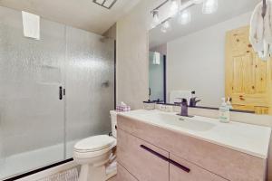 a bathroom with a toilet and a sink and a shower at Apres Escape in Sandpoint +32 photos