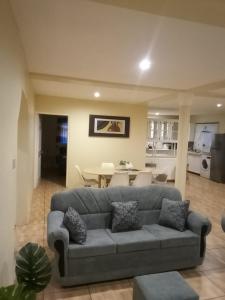 a living room with a gray couch and a kitchen at The Cupid Chalet Suite in Kingstown