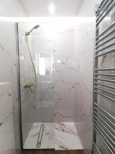 a shower with a glass door in a bathroom at Sfendamos Residence Kavala in Kavála