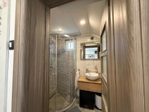 a bathroom with a shower and a sink at Luxury rooms Lira in Ogulin +60 photos